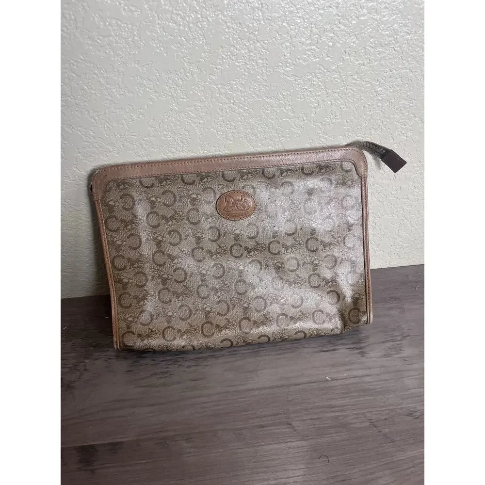 Vintage Celine Macadam Coated Canvas Clutch / Cosmetic Pouch Brown Leather Trim - Picture 3 of 6